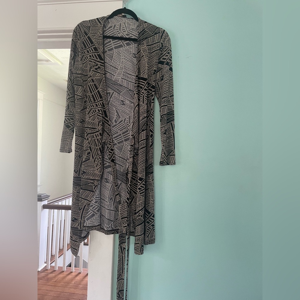 Veronica M Black and Gray Asymmetrical Long Sleeve Wrap Dress